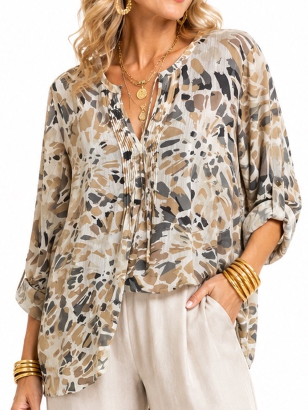 SUSAN GRAVER BOHEMIAN EARTHY PRINT TUNIC TOP SZ LG EUC